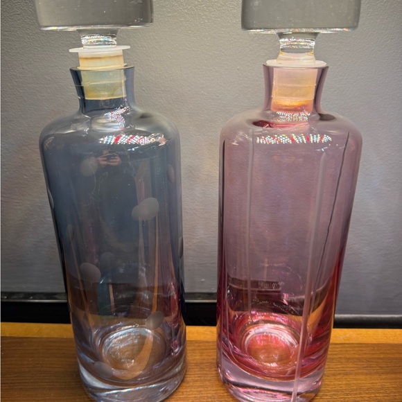 Set of Two MCM Vintage Glass Decanters - Blue and Pink